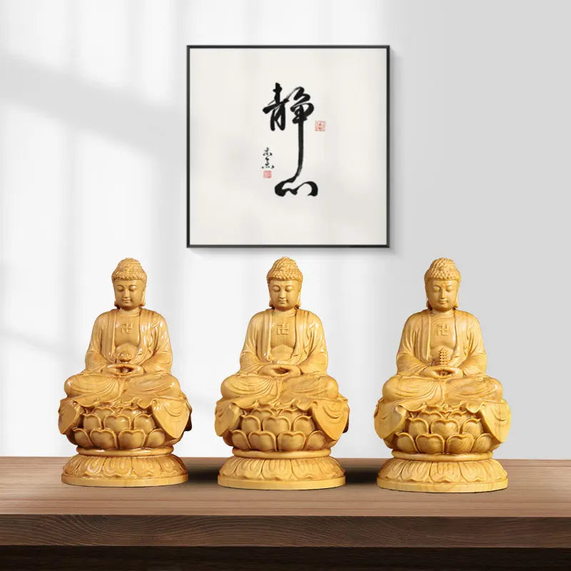 10cm Medicine Buddha Sakyamuni Amitabha Three Buddhas Wood carving Solid wood Ornaments Buddha figures