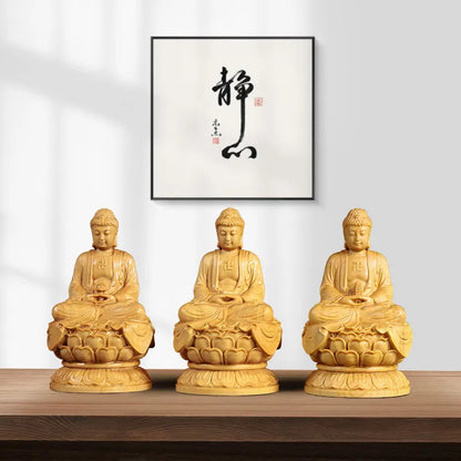 10cm Medicine Buddha Sakyamuni Amitabha Three Buddhas Wood carving Solid wood Ornaments Buddha figures