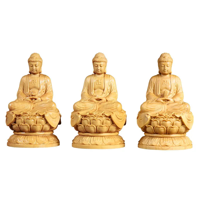 10cm Medicine Buddha Sakyamuni Amitabha Three Buddhas Wood carving Solid wood Ornaments Buddha figures