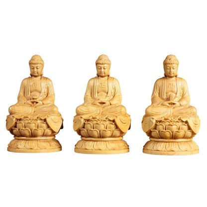 10cm Medicine Buddha Sakyamuni Amitabha Three Buddhas Wood carving Solid wood Ornaments Buddha figures
