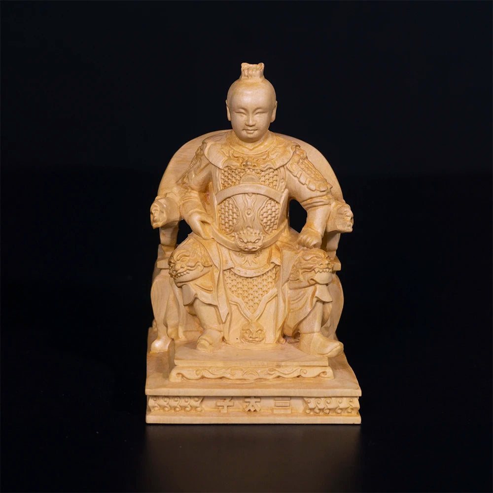 10cm Nezha Boxwood Sculpture Decoration Marshal of the Central Altar Feng Shui Wood Statue Third Lotus Prince Home Decor