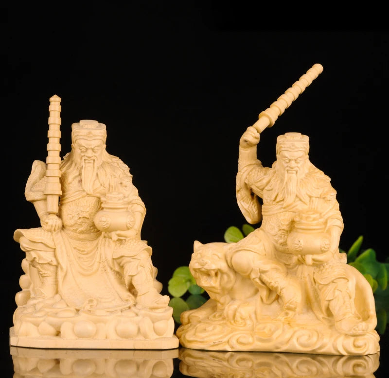 10cm Zhao Gongming Boxwood  Sculpture God of Wealth Car Decoration Feng Shui Home Decor