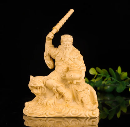 10cm Zhao Gongming Boxwood  Sculpture God of Wealth Car Decoration Feng Shui Home Decor