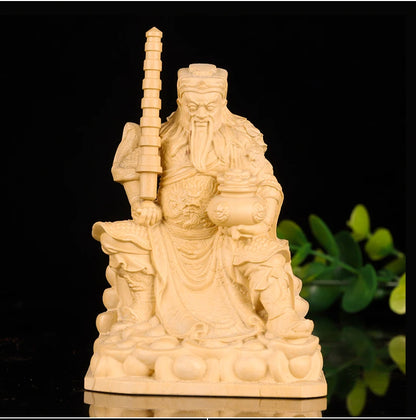 10cm Zhao Gongming Boxwood  Sculpture God of Wealth Car Decoration Feng Shui Home Decor