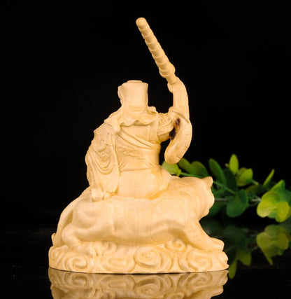 10cm Zhao Gongming Boxwood  Sculpture God of Wealth Car Decoration Feng Shui Home Decor