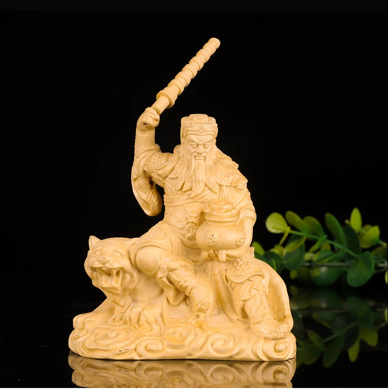 10cm Zhao Gongming Boxwood  Sculpture God of Wealth Car Decoration Feng Shui Home Decor