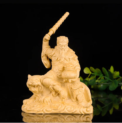 10cm Zhao Gongming Boxwood  Sculpture God of Wealth Car Decoration Feng Shui Home Decor