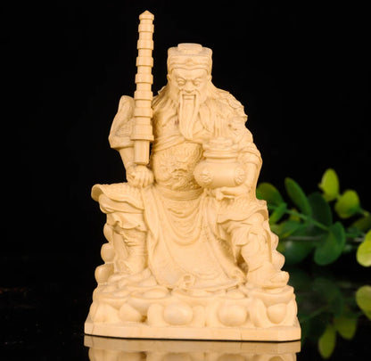 10cm Zhao Gongming Boxwood  Sculpture God of Wealth Car Decoration Feng Shui Home Decor