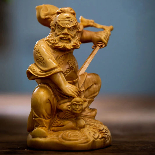 10cm ZhongKui Wood Sculpture Figure of Buddha Boxwood Statue Zhong Kui Household Decoration Chinese Style Arts Taoism Home Decor