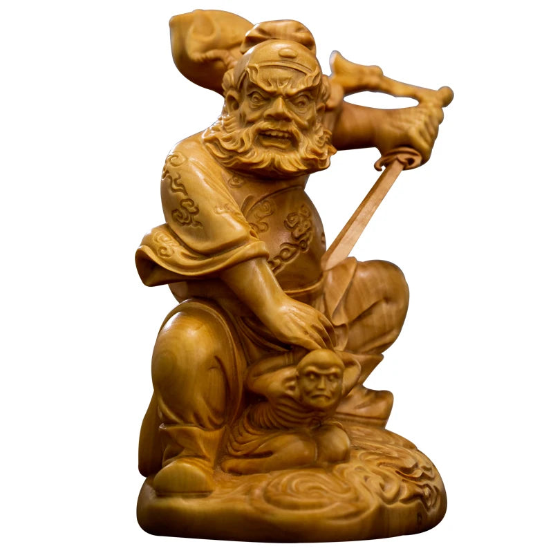 10cm ZhongKui Wood Sculpture Figure of Buddha Boxwood Statue Zhong Kui Household Decoration Chinese Style Arts Taoism Home Decor