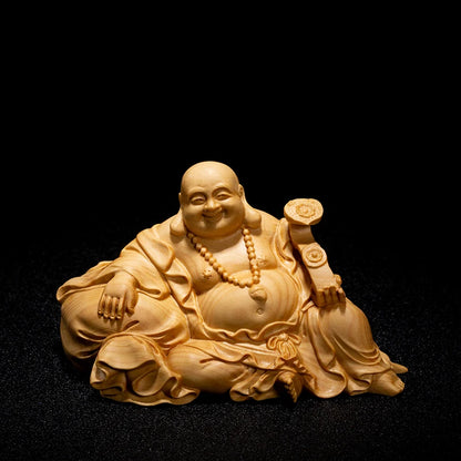 11/14CM Mini Ruyi Maitreya Buddha Statue Wood Gifts Buddha Figures Laughing Buddha Handmade Carved Home Decoration Collection
