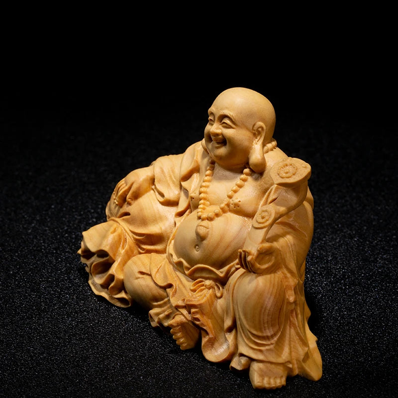 11/14CM Mini Ruyi Maitreya Buddha Statue Wood Gifts Buddha Figures Laughing Buddha Handmade Carved Home Decoration Collection