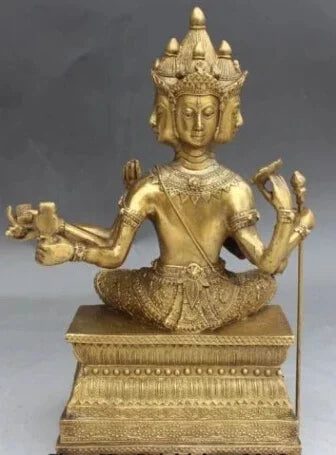 11 "Buddha Tibet Perunggu 4 Kepala 8 Lengan Kuan-yin Guan Patung Buddha Dewi Yin