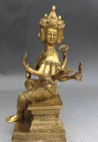 11 "Buddha Tibet Perunggu 4 Kepala 8 Lengan Kuan-yin Guan Patung Buddha Dewi Yin