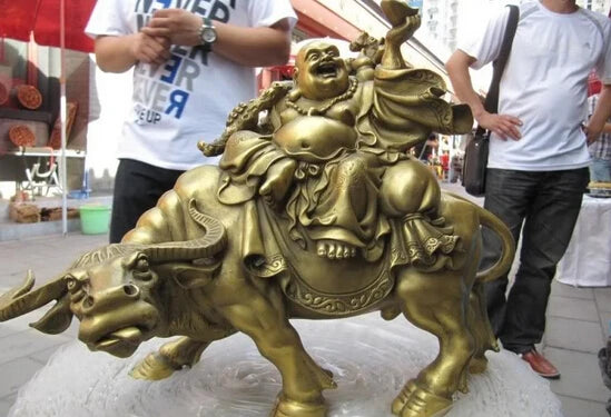 11“ Chinese Folk Brass refined Money Maitreya Rohan Sit on cattle Bull ox Statue