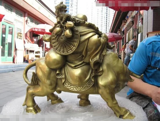 11“ Chinese Folk Brass refined Money Maitreya Rohan Sit on cattle Bull ox Statue