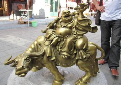 11“ Chinese Folk Brass refined Money Maitreya Rohan Sit on cattle Bull ox Statue