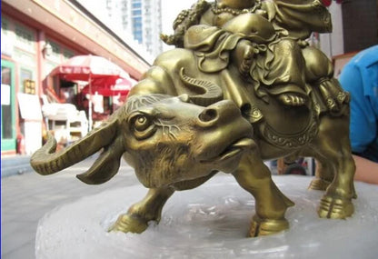 11“ Chinese Folk Brass refined Money Maitreya Rohan Sit on cattle Bull ox Statue
