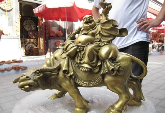 11“ Chinese Folk Brass refined Money Maitreya Rohan Sit on cattle Bull ox Statue