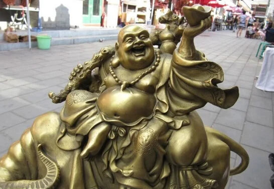 11“ Chinese Folk Brass refined Money Maitreya Rohan Sit on cattle Bull ox Statue