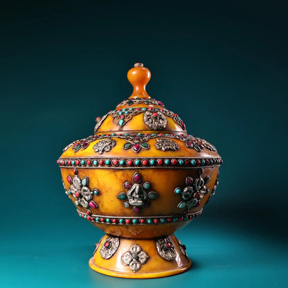 11"Tibet Temple Collection Old Beeswax Mosaic Gem Turquoise Tibetan silver Eight Treasure Pots Buddha jar A Pair Worship Hall