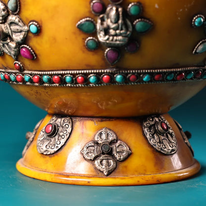 11"Tibet Temple Collection Old Beeswax Mosaic Gem Turquoise Tibetan silver Eight Treasure Pots Buddha jar A Pair Worship Hall