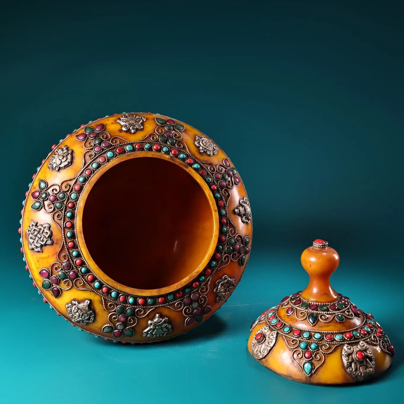 11"Tibet Temple Collection Old Beeswax Mosaic Gem Turquoise Tibetan silver Eight Treasure Pots Buddha jar A Pair Worship Hall