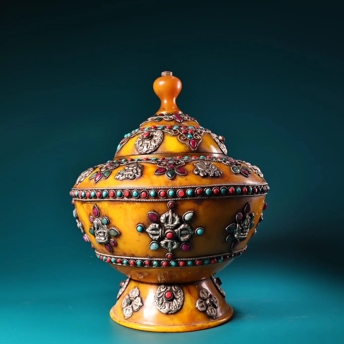 11"Tibet Temple Collection Old Beeswax Mosaic Gem Turquoise Tibetan silver Eight Treasure Pots Buddha jar A Pair Worship Hall