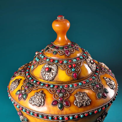11"Tibet Temple Collection Old Beeswax Mosaic Gem Turquoise Tibetan silver Eight Treasure Pots Buddha jar A Pair Worship Hall
