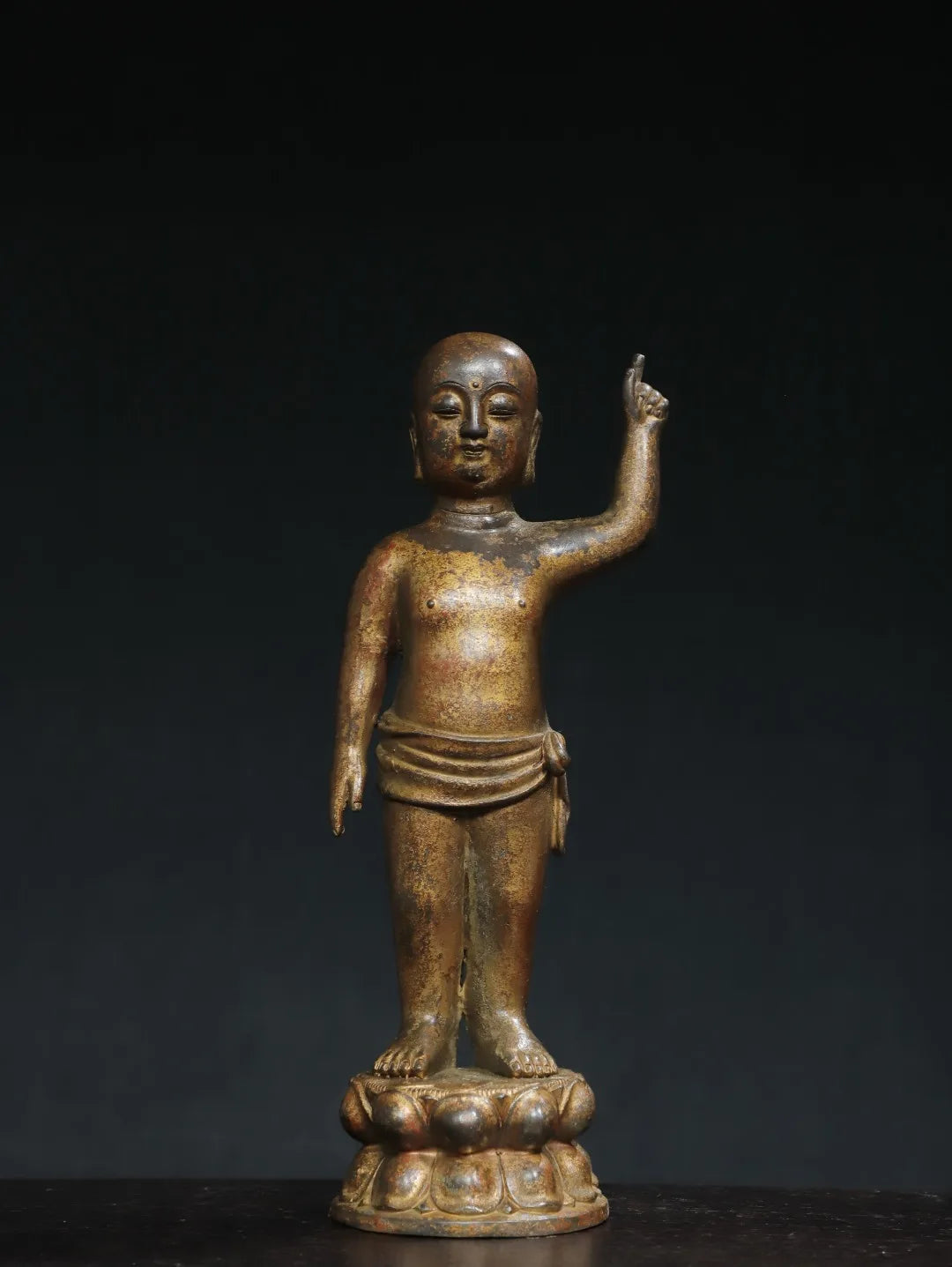11"Tibet Temple Collection Old Bronze Cinnabar Mud gold Crown Prince Buddha One Finger Heavenly Amitabha Buddha Worship Hall