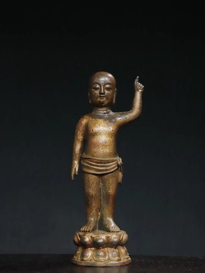 11"Tibet Temple Collection Old Bronze Cinnabar Mud gold Crown Prince Buddha One Finger Heavenly Amitabha Buddha Worship Hall