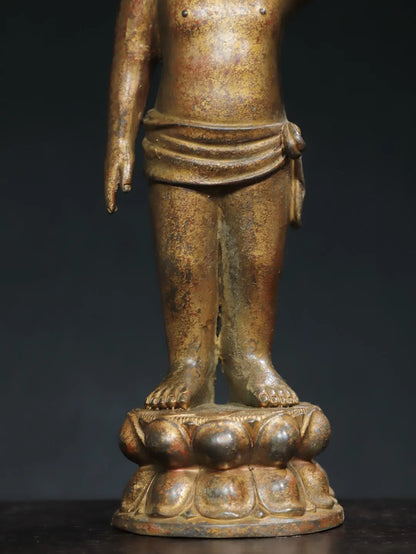 11"Tibet Temple Collection Old Bronze Cinnabar Mud gold Crown Prince Buddha One Finger Heavenly Amitabha Buddha Worship Hall