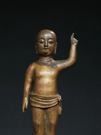 11"Tibet Temple Collection Old Bronze Cinnabar Mud gold Crown Prince Buddha One Finger Heavenly Amitabha Buddha Worship Hall
