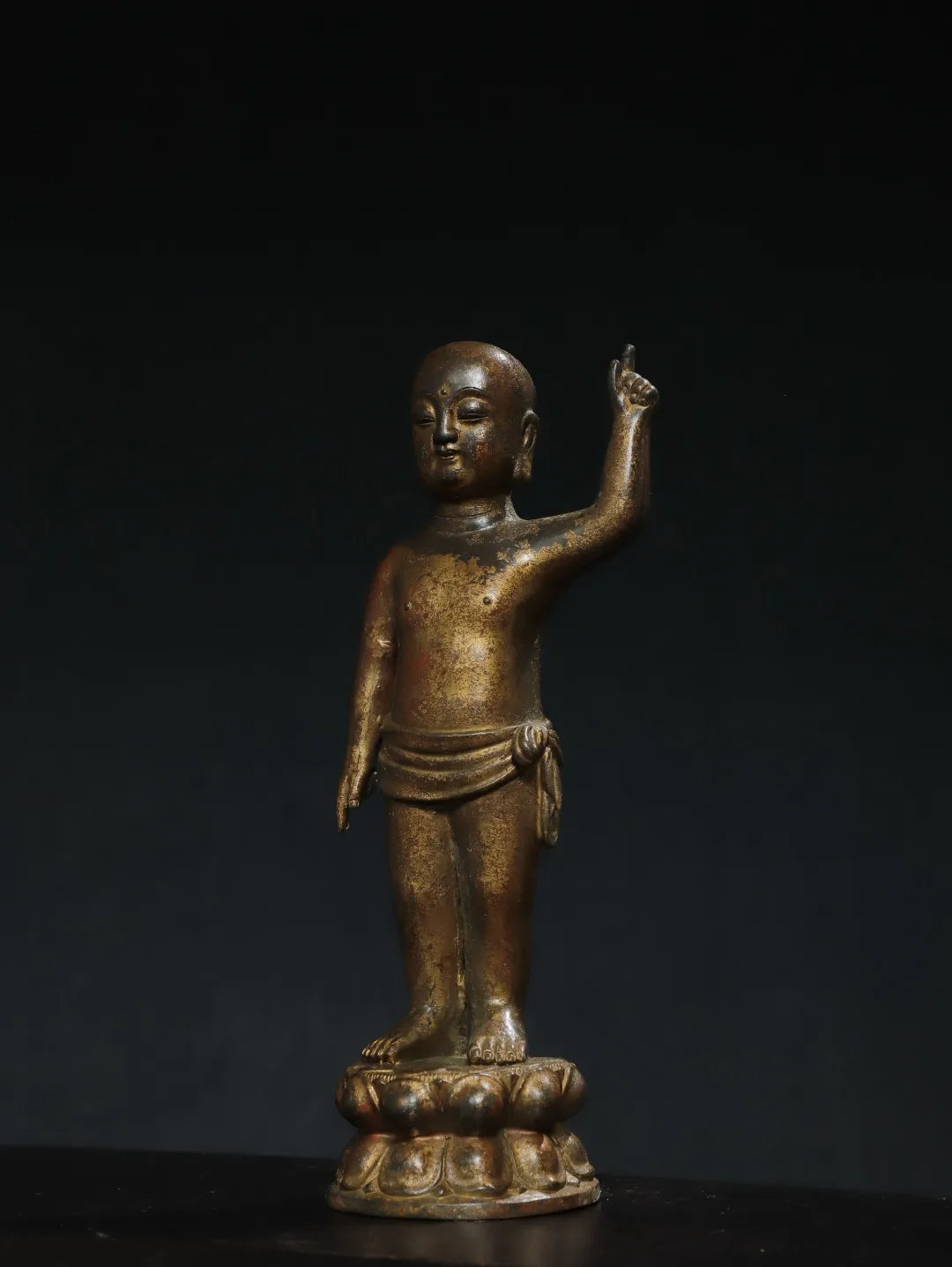 11"Tibet Temple Collection Old Bronze Cinnabar Mud gold Crown Prince Buddha One Finger Heavenly Amitabha Buddha Worship Hall