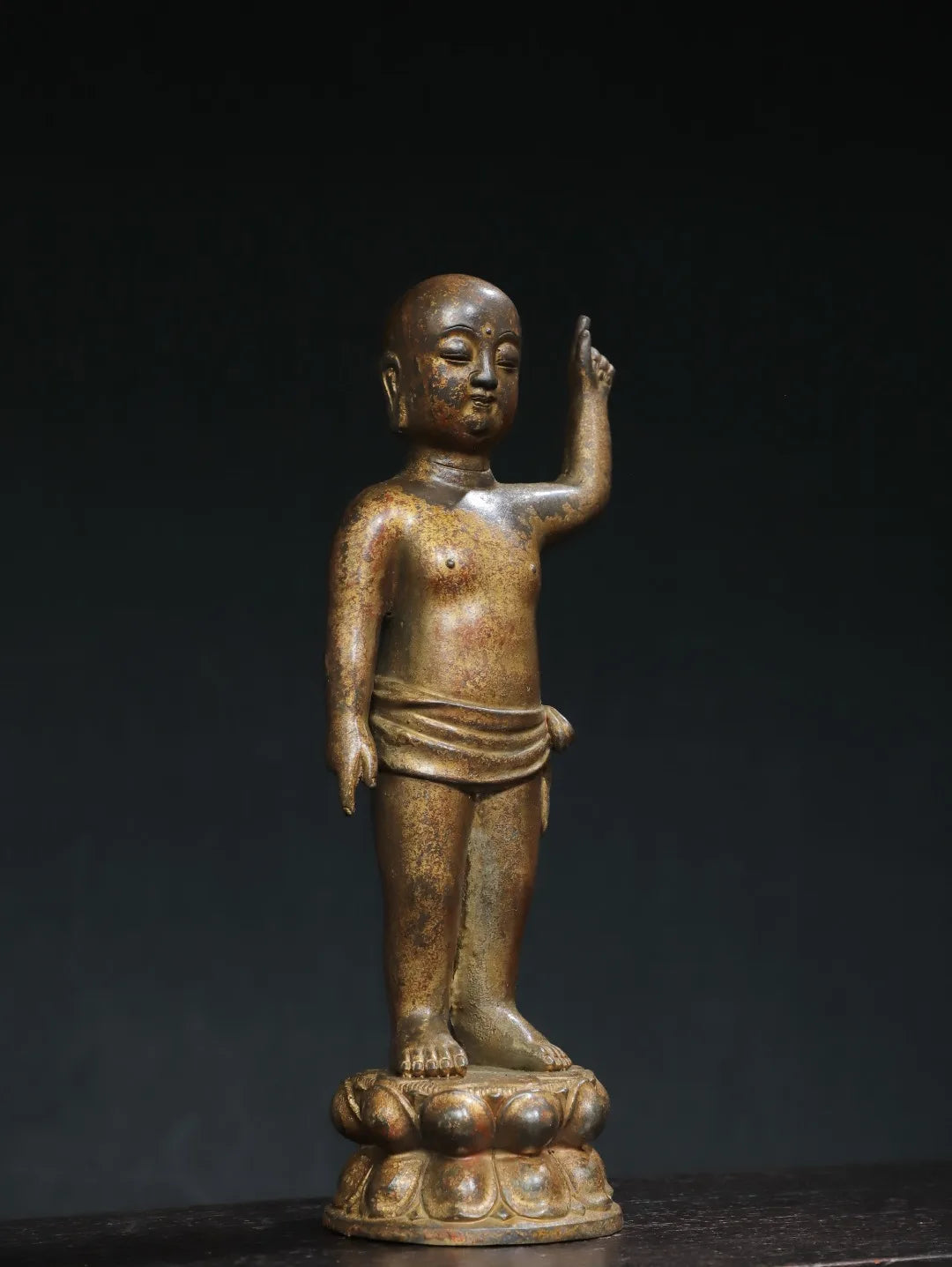 11"Tibet Temple Collection Old Bronze Cinnabar Mud gold Crown Prince Buddha One Finger Heavenly Amitabha Buddha Worship Hall