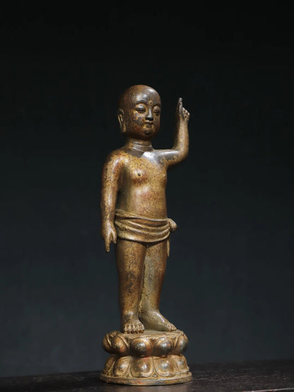 11"Tibet Temple Collection Old Bronze Cinnabar Mud gold Crown Prince Buddha One Finger Heavenly Amitabha Buddha Worship Hall