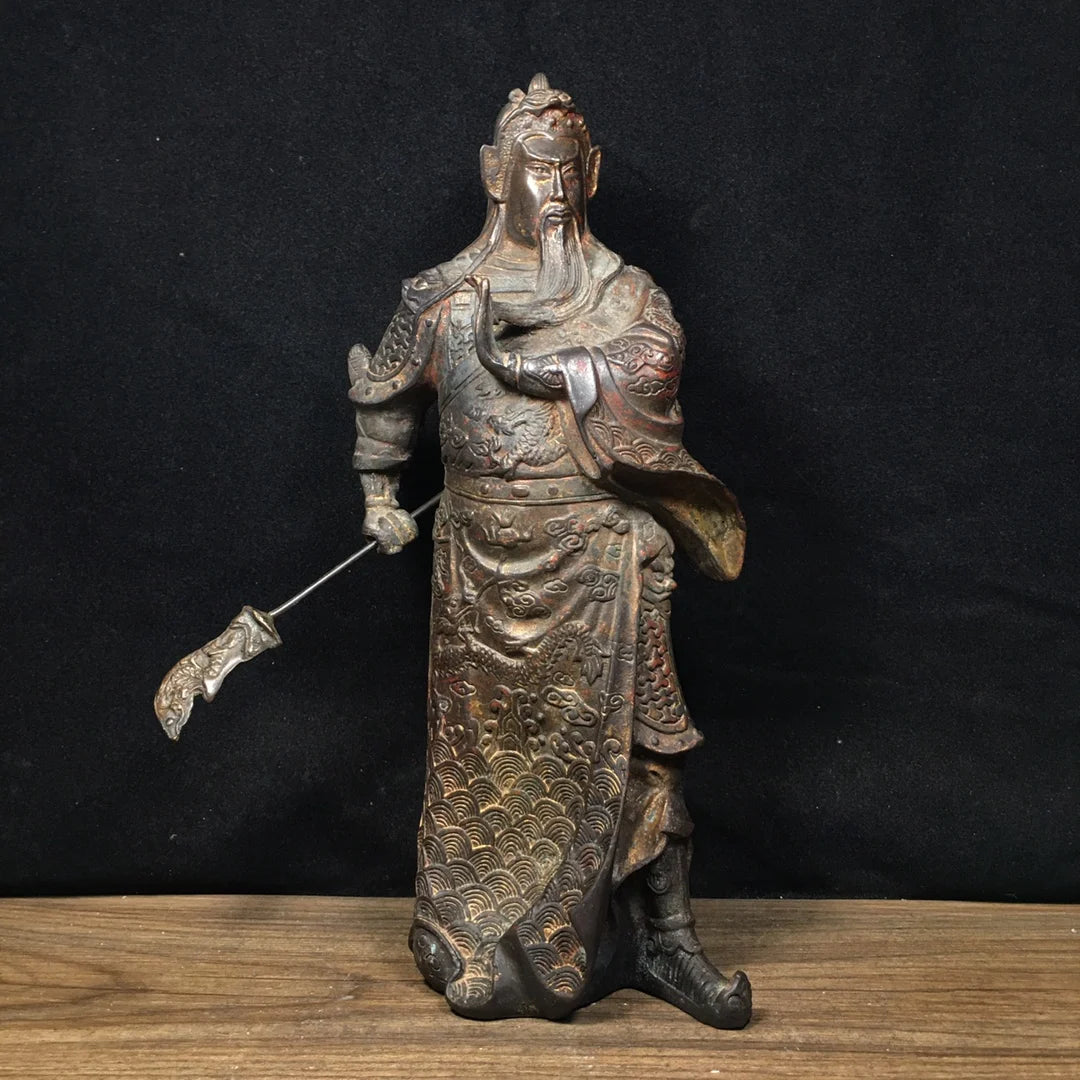 11"Tibet Temple Collection Old Bronze Cinnabar Mud gold Guan Yu God of Wealth Lifting knife  Guan Erye  Worship Hall