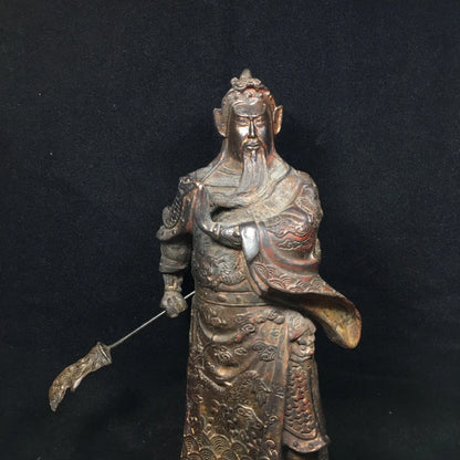 11"Tibet Temple Collection Old Bronze Cinnabar Mud gold Guan Yu God of Wealth Lifting knife  Guan Erye  Worship Hall