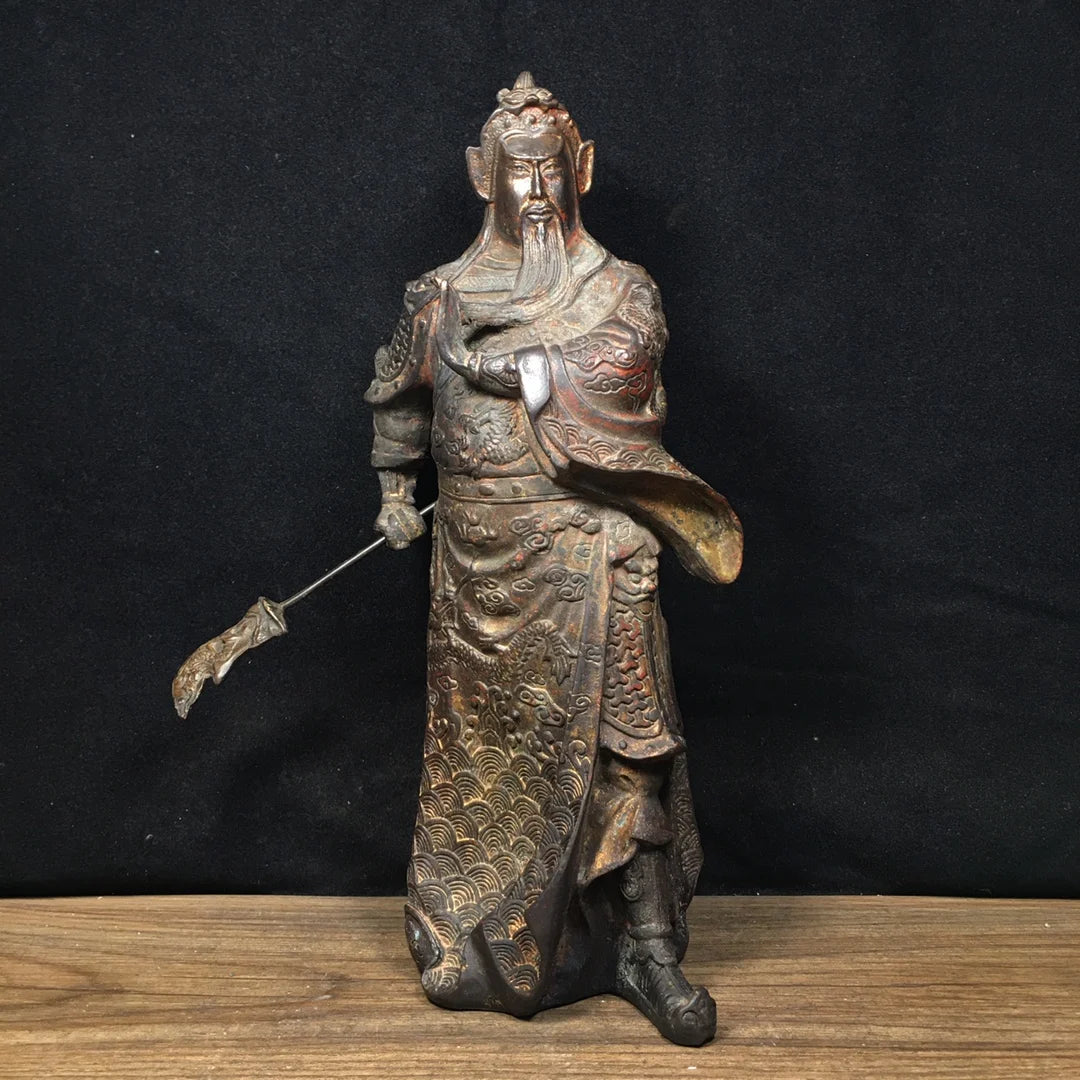 11"Tibet Temple Collection Old Bronze Cinnabar Mud gold Guan Yu God of Wealth Lifting knife  Guan Erye  Worship Hall