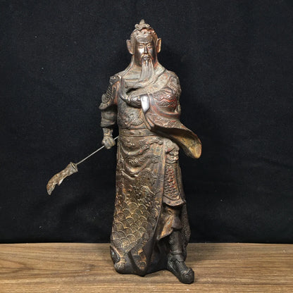 11"Tibet Temple Collection Old Bronze Cinnabar Mud gold Guan Yu God of Wealth Lifting knife  Guan Erye  Worship Hall