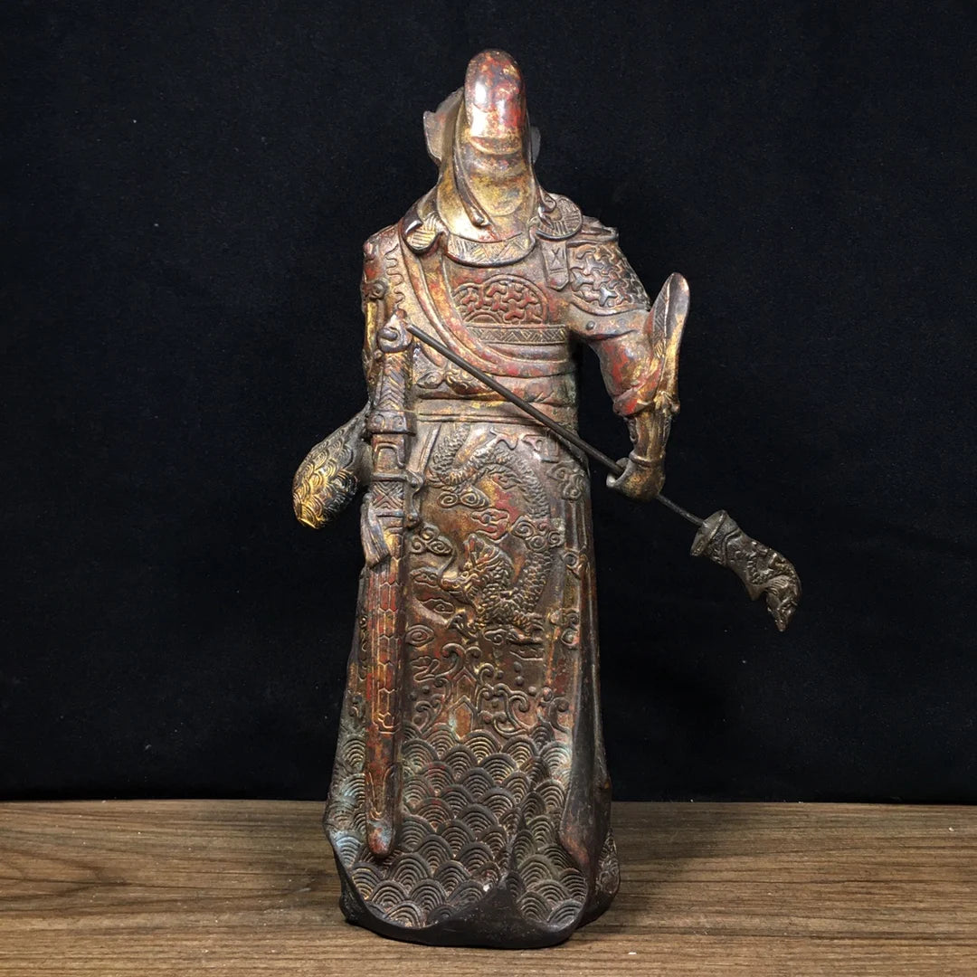 11"Tibet Temple Collection Old Bronze Cinnabar Mud gold Guan Yu God of Wealth Lifting knife  Guan Erye  Worship Hall