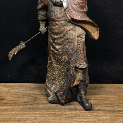 11"Tibet Temple Collection Old Bronze Cinnabar Mud gold Guan Yu God of Wealth Lifting knife  Guan Erye  Worship Hall