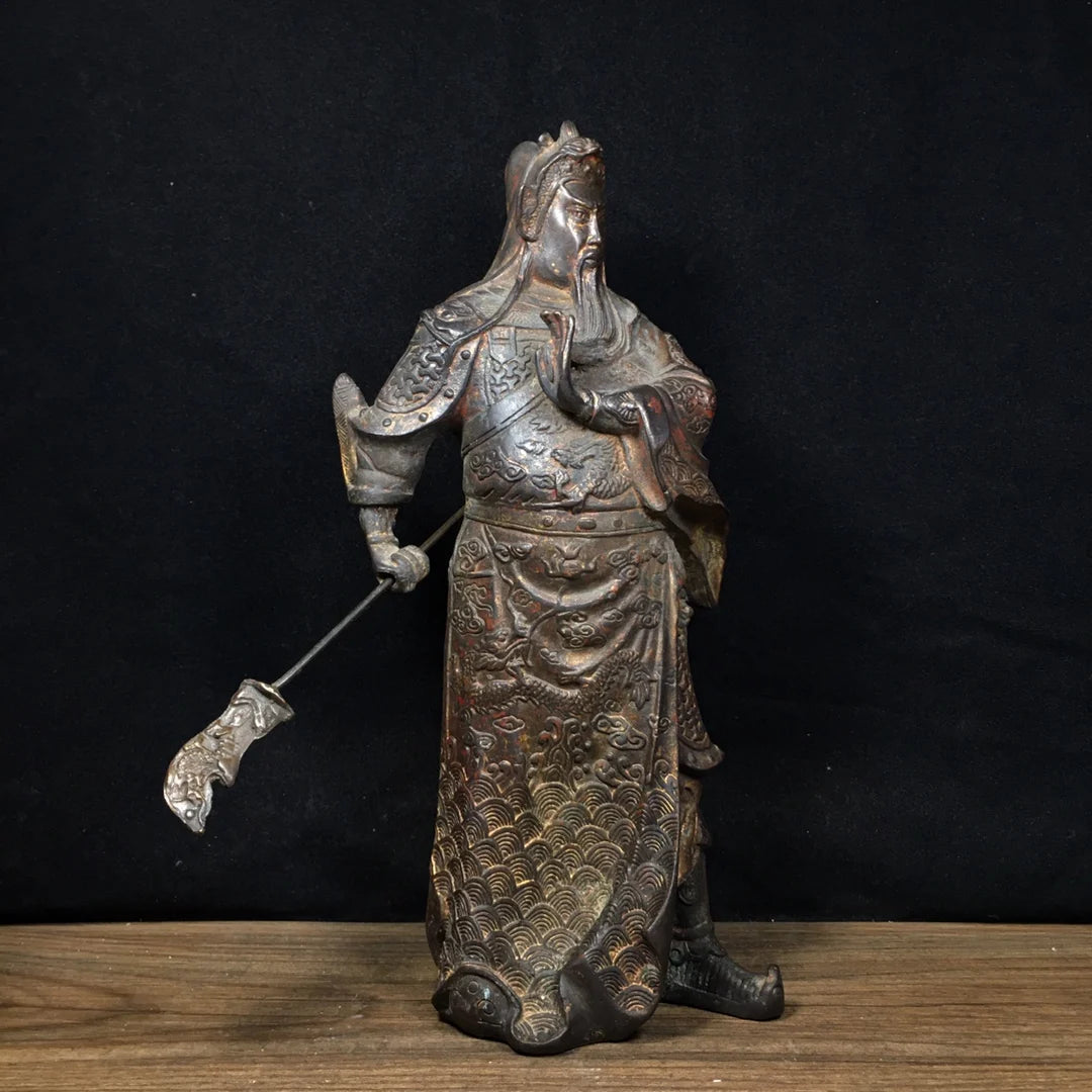 11"Tibet Temple Collection Old Bronze Cinnabar Mud gold Guan Yu God of Wealth Lifting knife  Guan Erye  Worship Hall