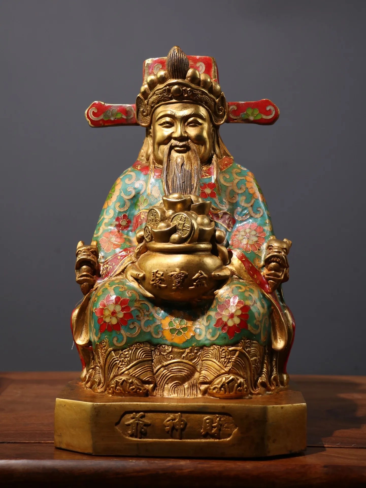 11"Tibet Temple Collection Old Bronze Cloisonne Enamel God of Wealth statue God in charge of wealth Amass wealth Worship Hall