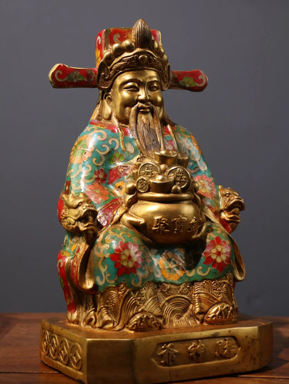 11"Tibet Temple Collection Old Bronze Cloisonne Enamel God of Wealth statue God in charge of wealth Amass wealth Worship Hall