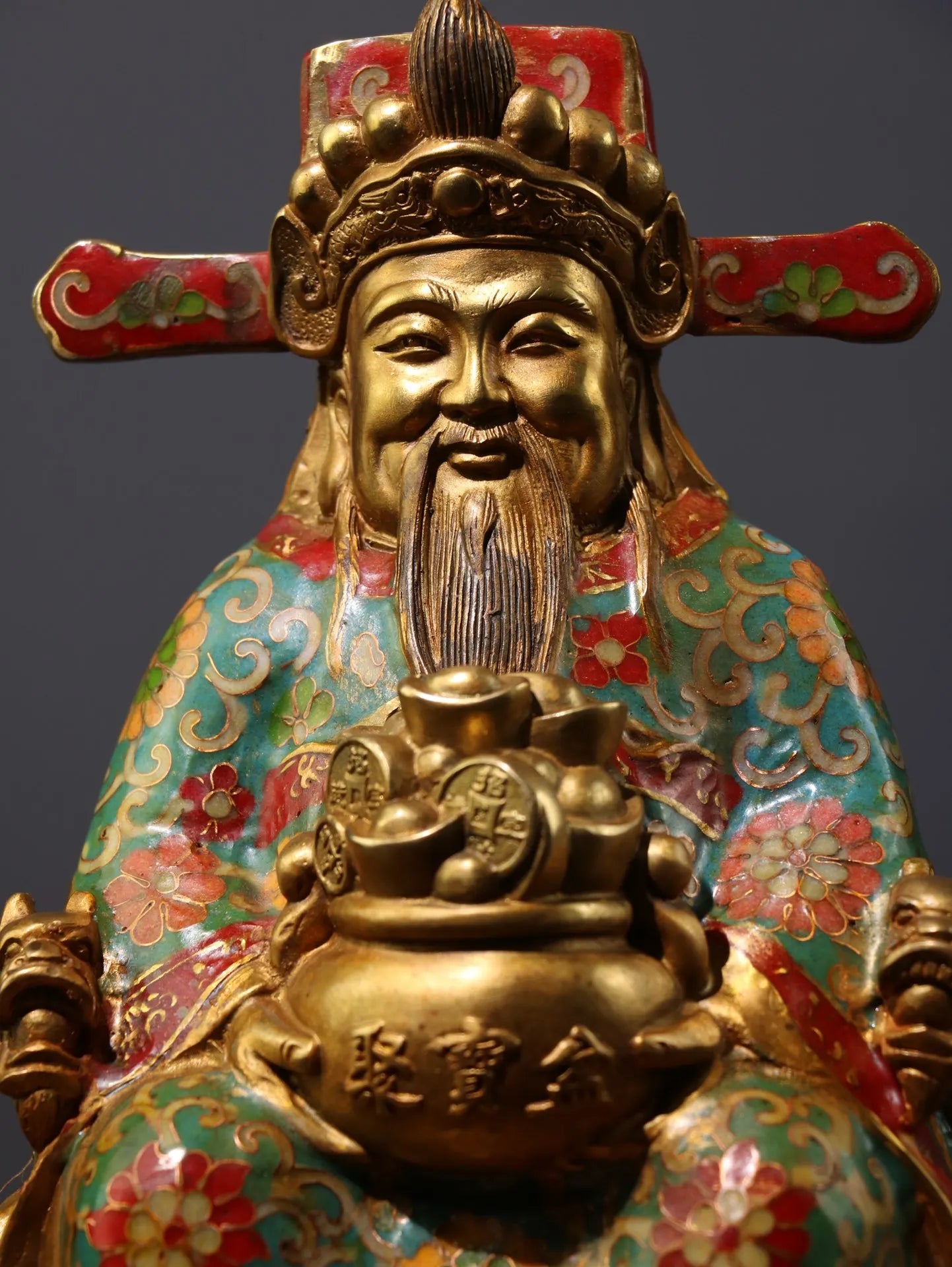11"Tibet Temple Collection Old Bronze Cloisonne Enamel God of Wealth statue God in charge of wealth Amass wealth Worship Hall