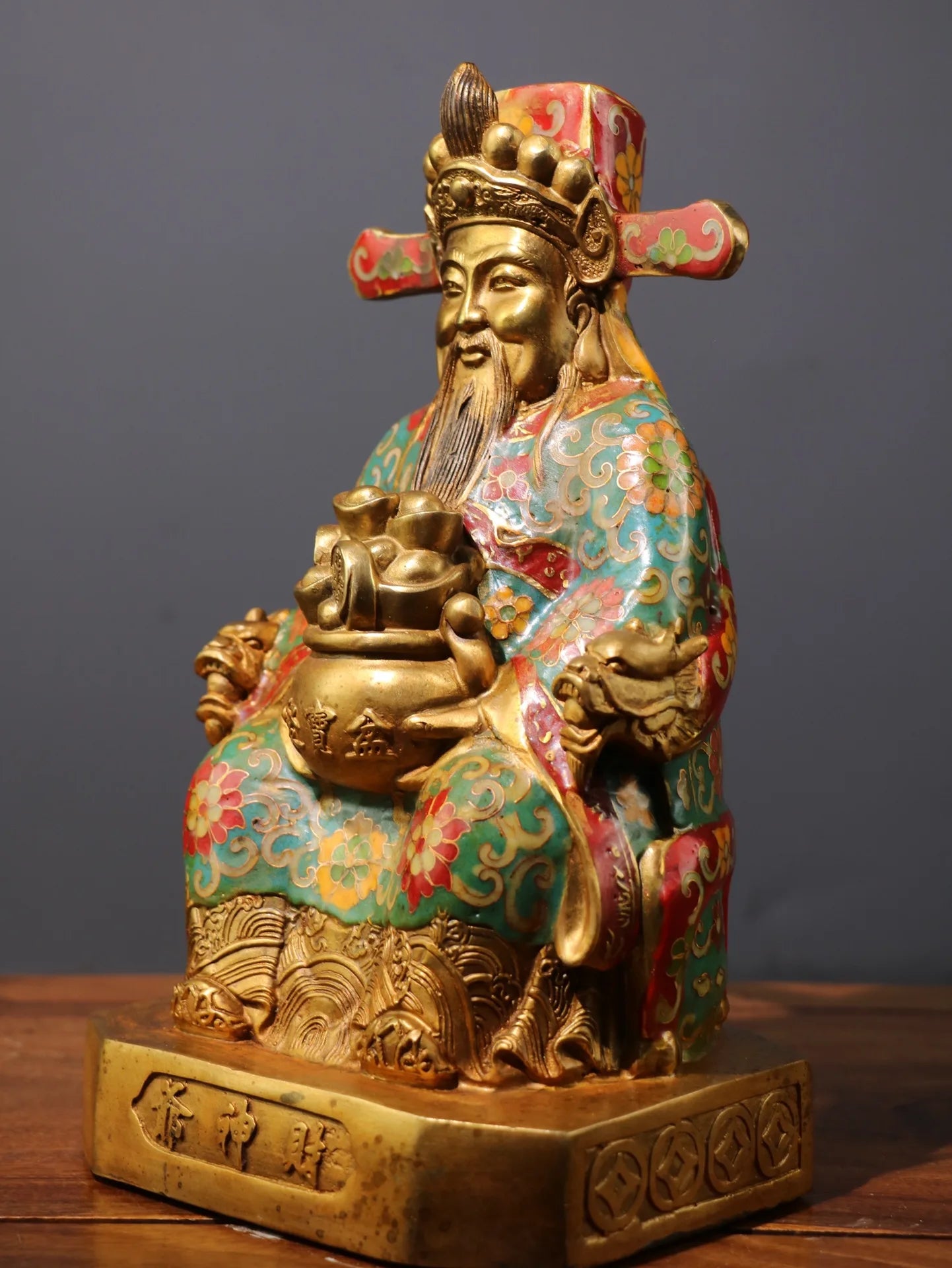 11"Tibet Temple Collection Old Bronze Cloisonne Enamel God of Wealth statue God in charge of wealth Amass wealth Worship Hall