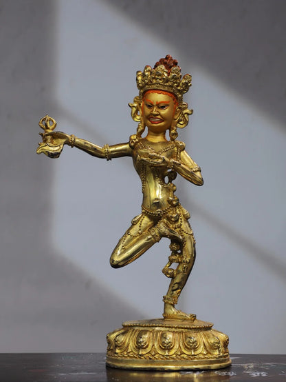 11"Tibet Temple Collection Old Bronze Gilding Cinnabar Painted DAKINI Backlit Vajravarahi Buddha Worship Hall Town house