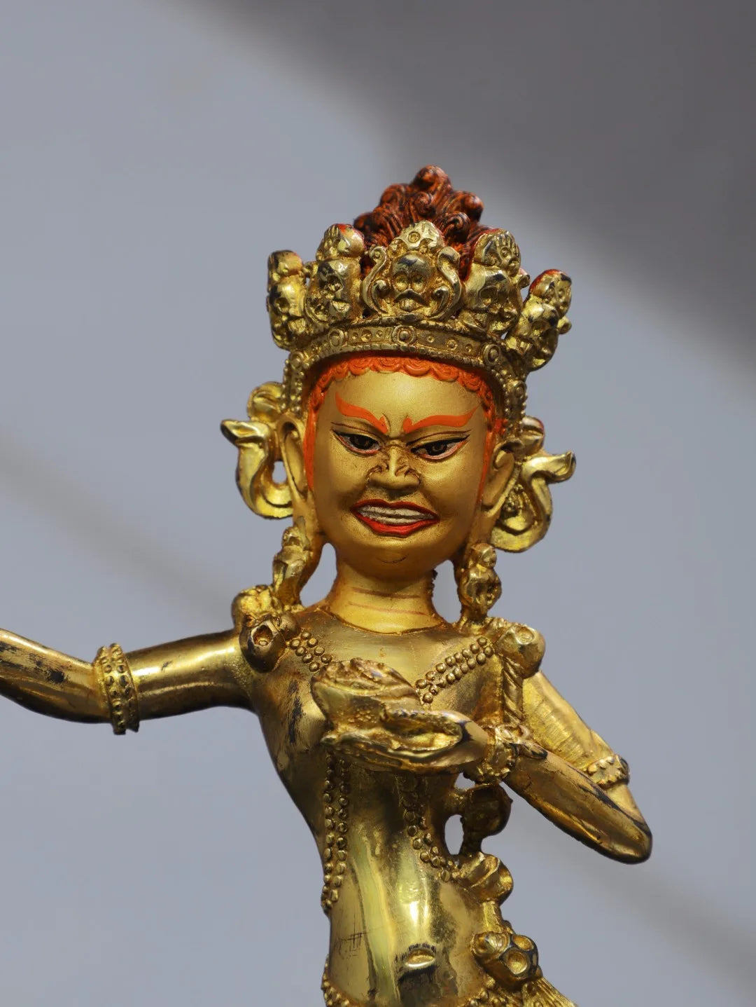 11"Tibet Temple Collection Old Bronze Gilding Cinnabar Painted DAKINI Backlit Vajravarahi Buddha Worship Hall Town house