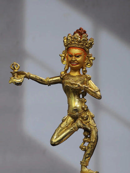 11"Tibet Temple Collection Old Bronze Gilding Cinnabar Painted DAKINI Backlit Vajravarahi Buddha Worship Hall Town house